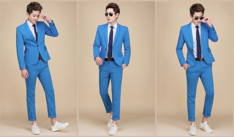 พร้อมเช่า ชุดสูทชาย สีฟ้าสด สไตล์เกาหลี กระดุมเดียว ไม่มีเสื้อกั๊ก
