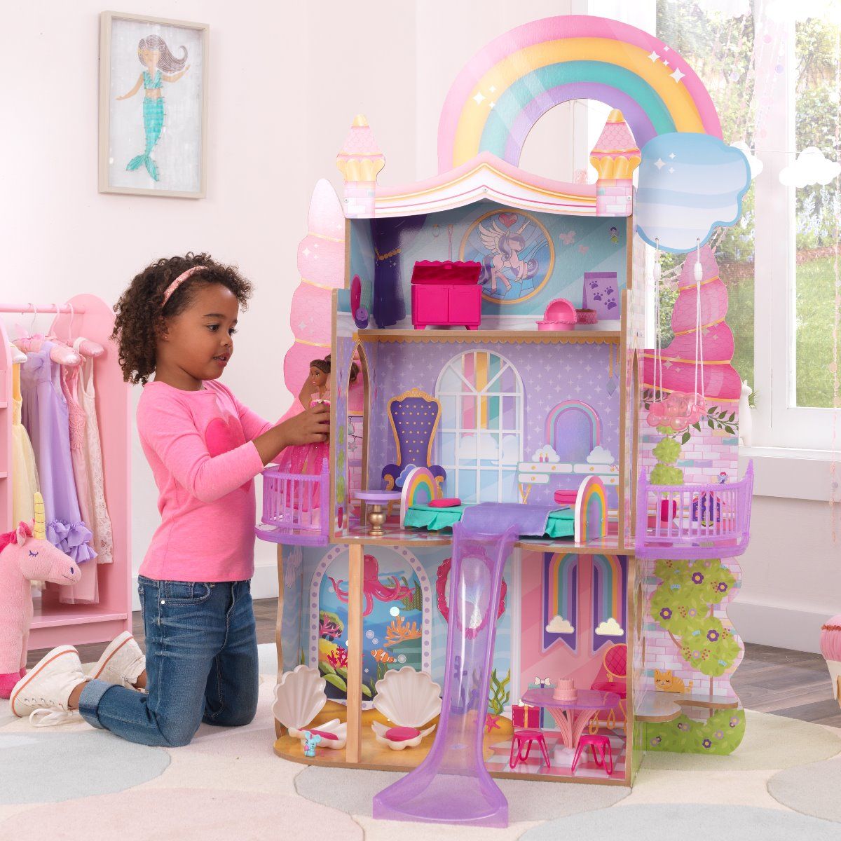 พร้อมส่ง บ้านตุ๊กตาแสนสนุก KidKraft Rainbow Dreamers Unicorn Mermaid Wooden Dollhouse with 15 Accessories