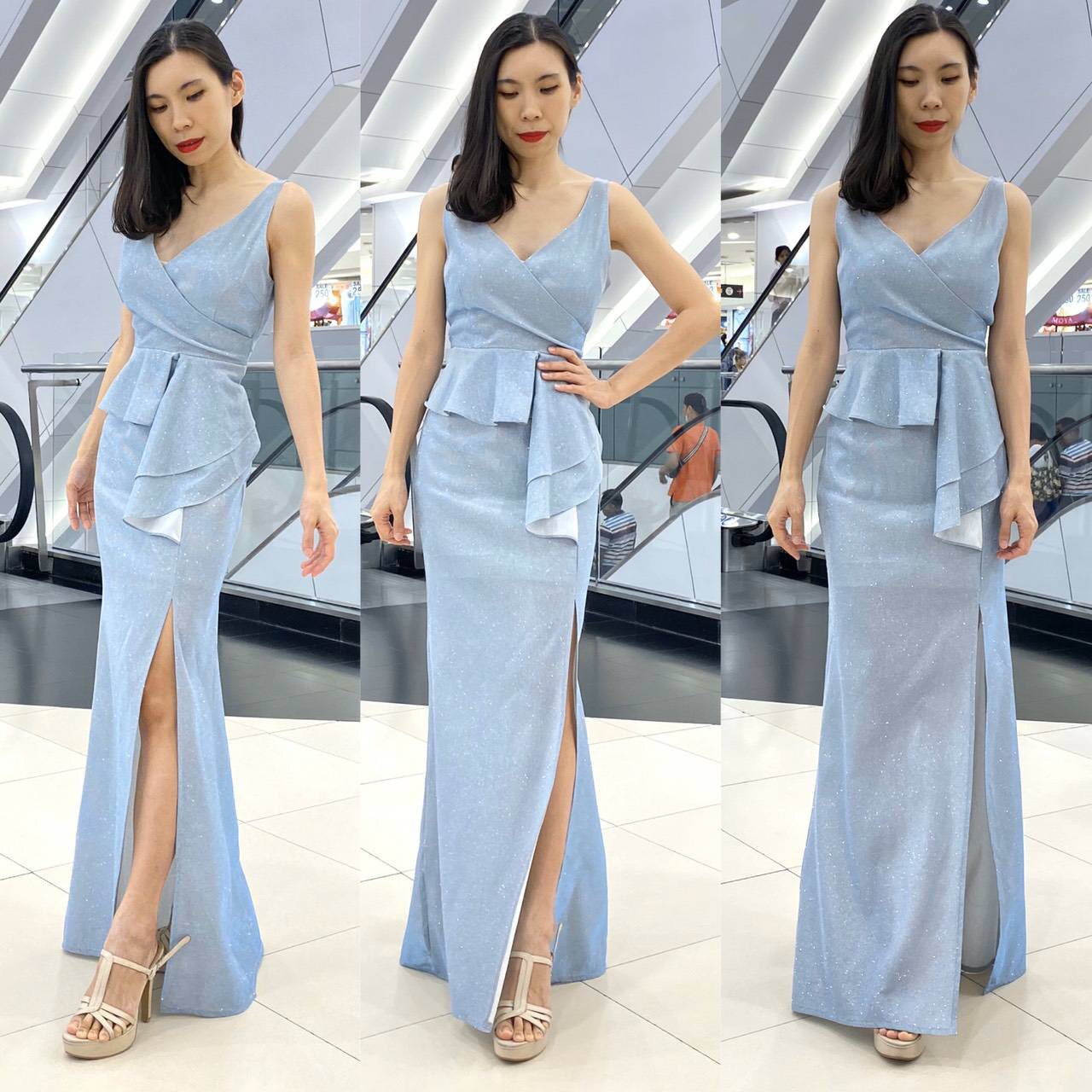 พร้อมเช่า ราตรียาว แขนกุด คอวี แต่งระบายช่วงเอว หรูหรา ผ้า Glitter สีฟ้า