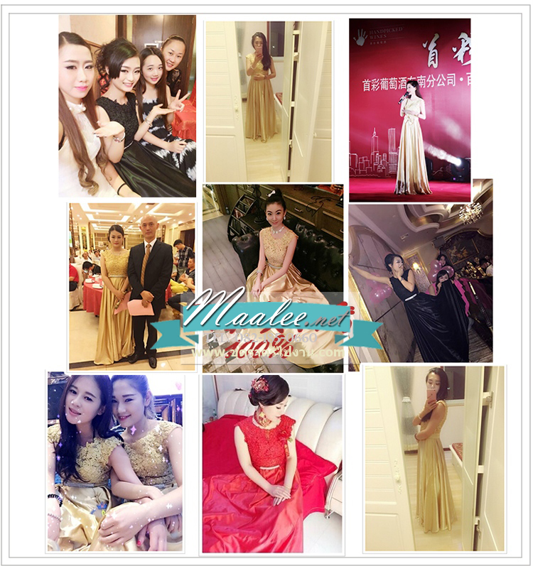 พร้อมเช่า ชุดราตรียาว แขนกุด สีทอง อกแต่งลูกไม้ กรโปรงเนื้อผ้ามัน คาดเอวคริสตัล เซ็กซี่ผ้าหลัง เพิ่มเข็มกลัดโบว์ช่วงหลัง