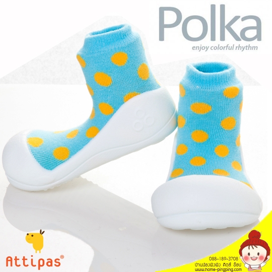 รองเท้าหัดเดิน Attipas รุ่น Polka Dot SKY (สีฟ้าลายจุด พื้นรองเท้าสีขาว) รองเท้าหัดเดินที่ดีที่สุด แบรนด์ ATTIPAS