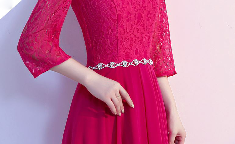 พร้อมเช่า ชุดราตรียาว สีชมพู บานเย็น ไซส์ใหญ่ แขนสามส่วน แต่งลูกไม้ กระโปรงผ้าชีฟอง เอวแต่งเพชร มีไซส์ XL - 3XL