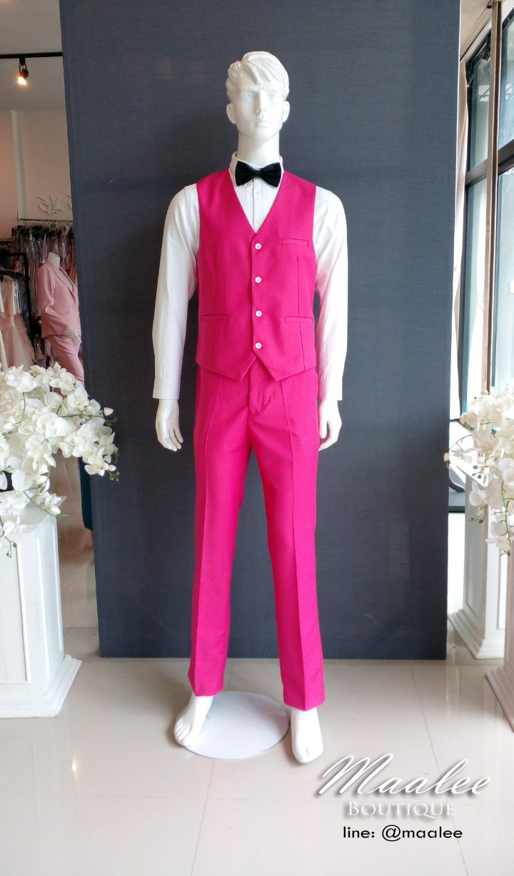 พร้อมเช่า ชุดสูทชาย สีชมพูบานเย็น ทรงเข้ารูป Slim-cut (พร้อมเสื้อกั๊ก) สำเนา