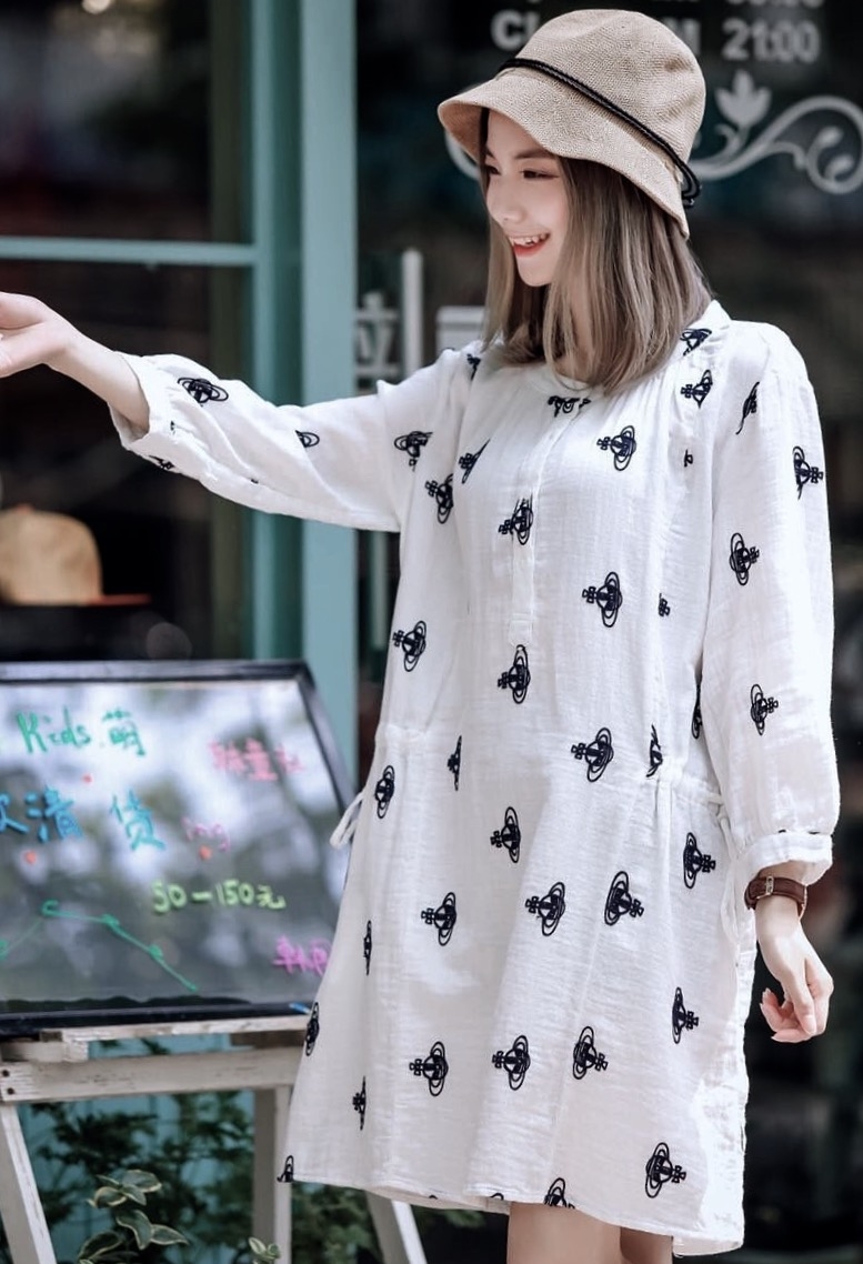 เสื้อ/เดรสผ้าฝ้ายนุ่มปักลายแขนสามส่วน