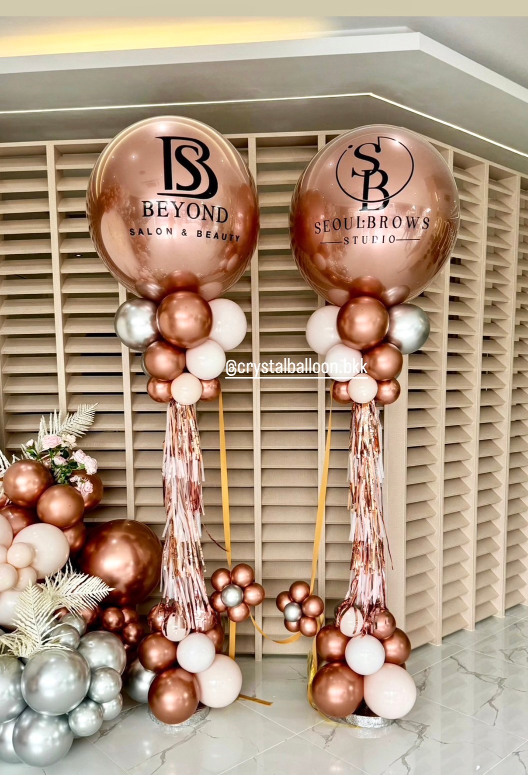 เสาลูกโป่ง เปิดร้าน ลูกโป่งยาง ขนาด 36" สีโรสโกล 2 เสา พร้อมตกแต่ง สามารถเปลี่ยนสีลูกโป่ง/เปลี่ยนข้อความได้