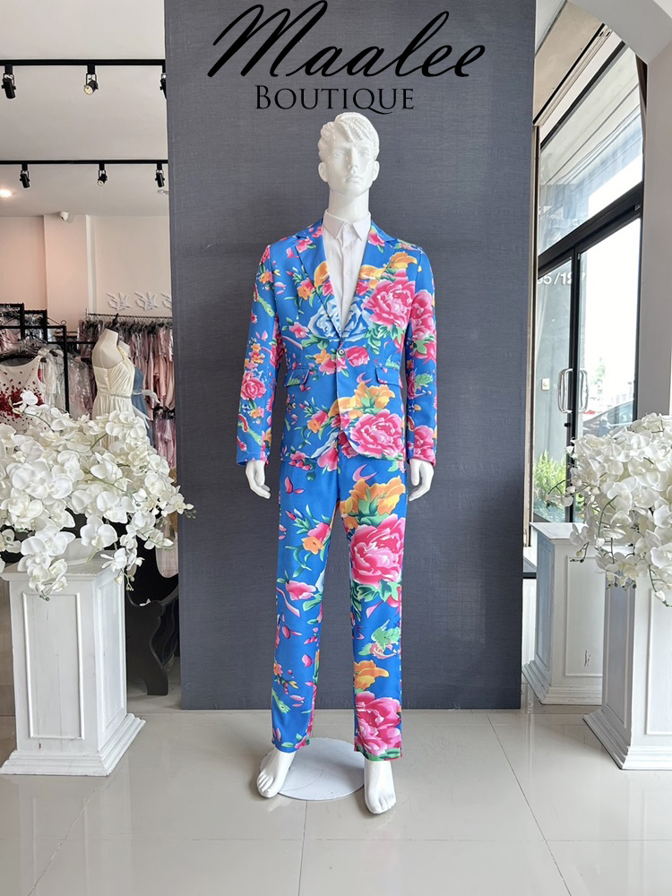 พร้อมเช่า ชุดสูทชาย สูทจีน ลายดอก สีน้ำเงิน