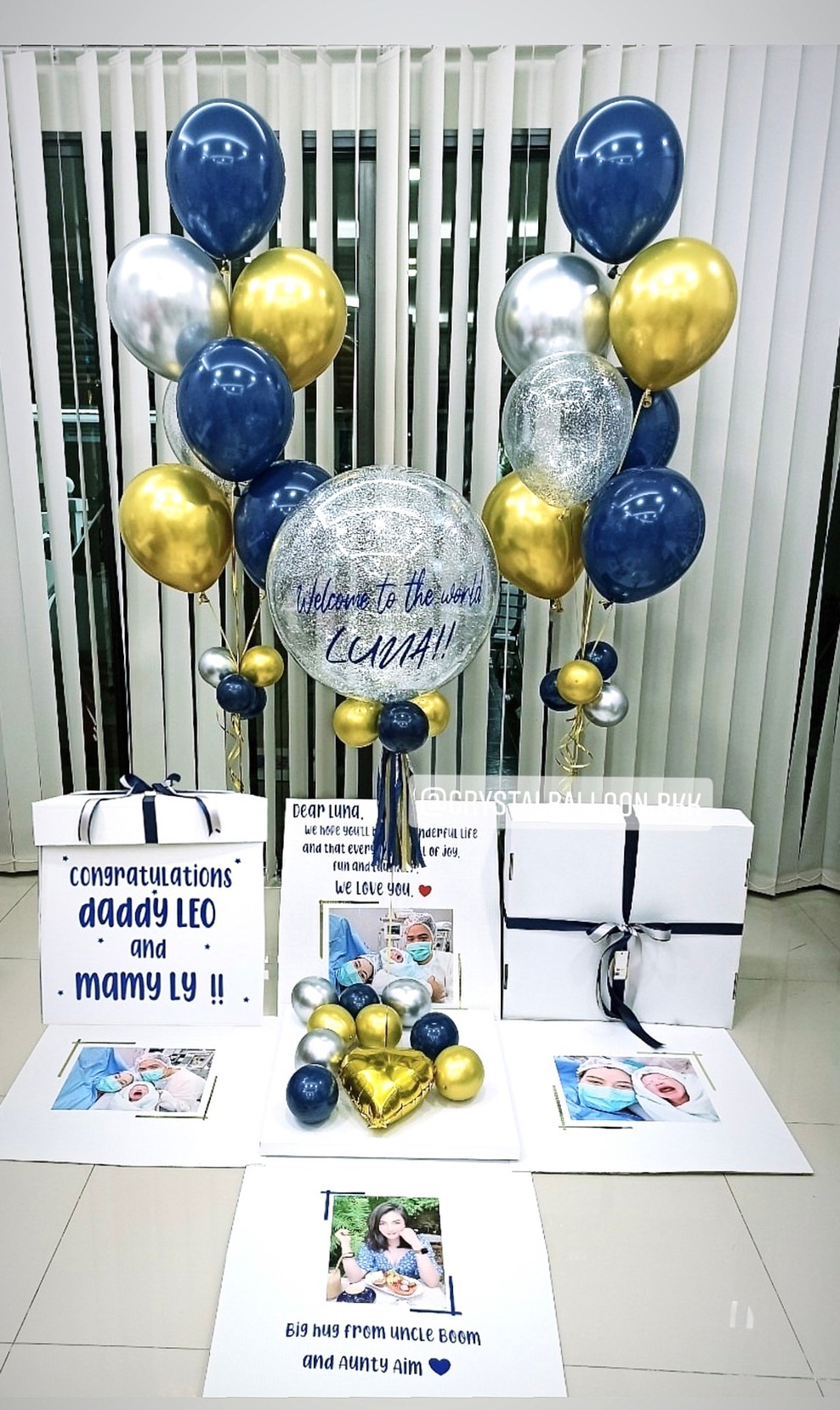 Welcome Baby Surprise Box Bubble ขนาด 24" Theme Dark Blue-ทอง พร้อมตกแต่ง ช่อลูกโป่ง 7 ลูก 2 ช่อ,ลูกโป่งใส ใส่กลิตเตอร์,สามารถใส่รูปได้ 4 ใบ สามารถเปลี่ยนสีลูกโป่ง/เปลี่ยนข้อความได้