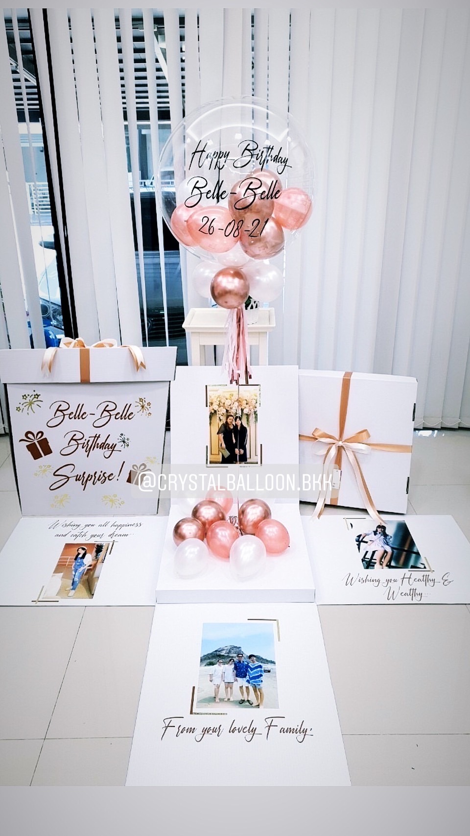 Happy Birthday Surprise Box กล่องเซอร์ไพรส์วันเกิด Bubble USA ขนาด 24" Theme สีโรสโกล พร้อมตกแต่ง สามารถใส่รูปได้ 4 ใบ สามารถเปลี่ยนสีลูกโป่ง/เปลี่ยนข้อความได้