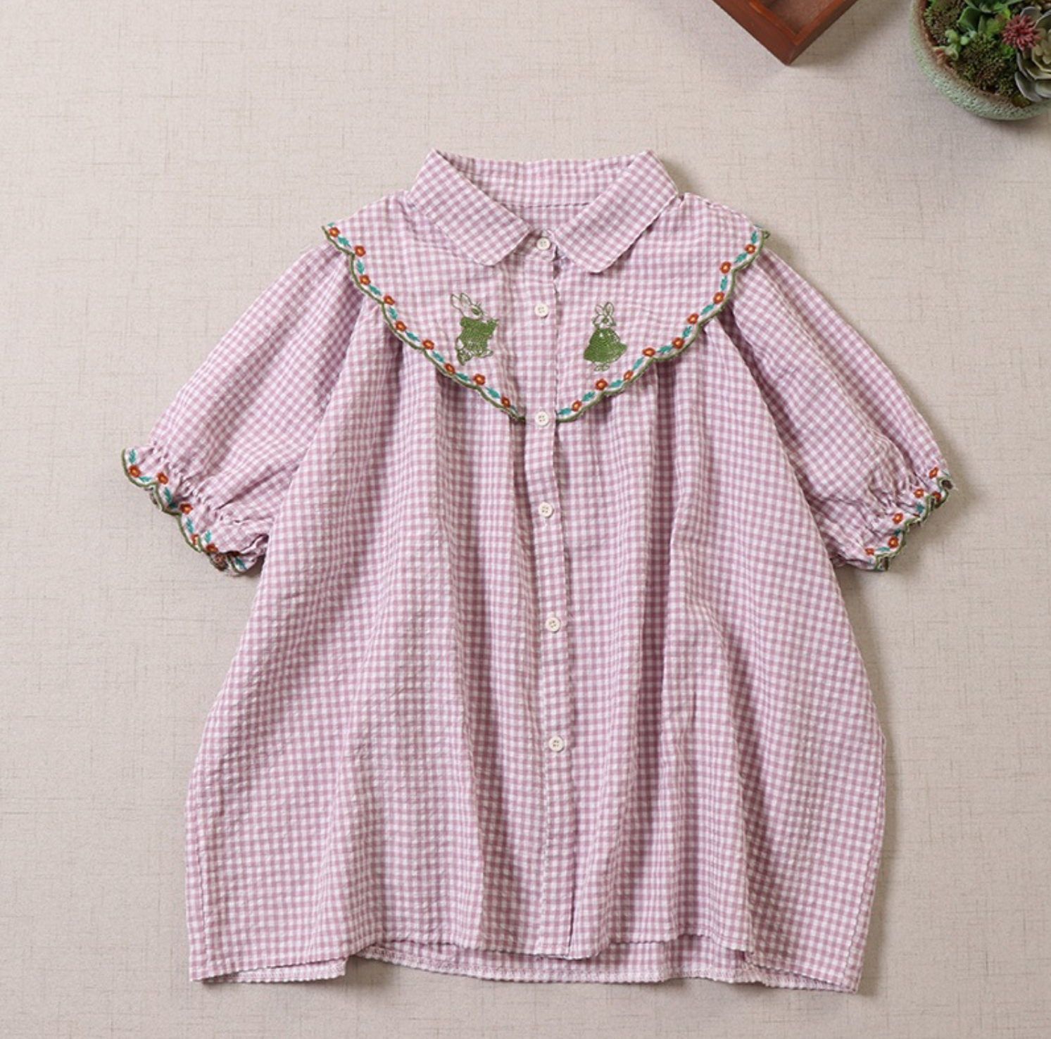 เสื้อผ้าฝ้ายลายสก็อตลายปัก