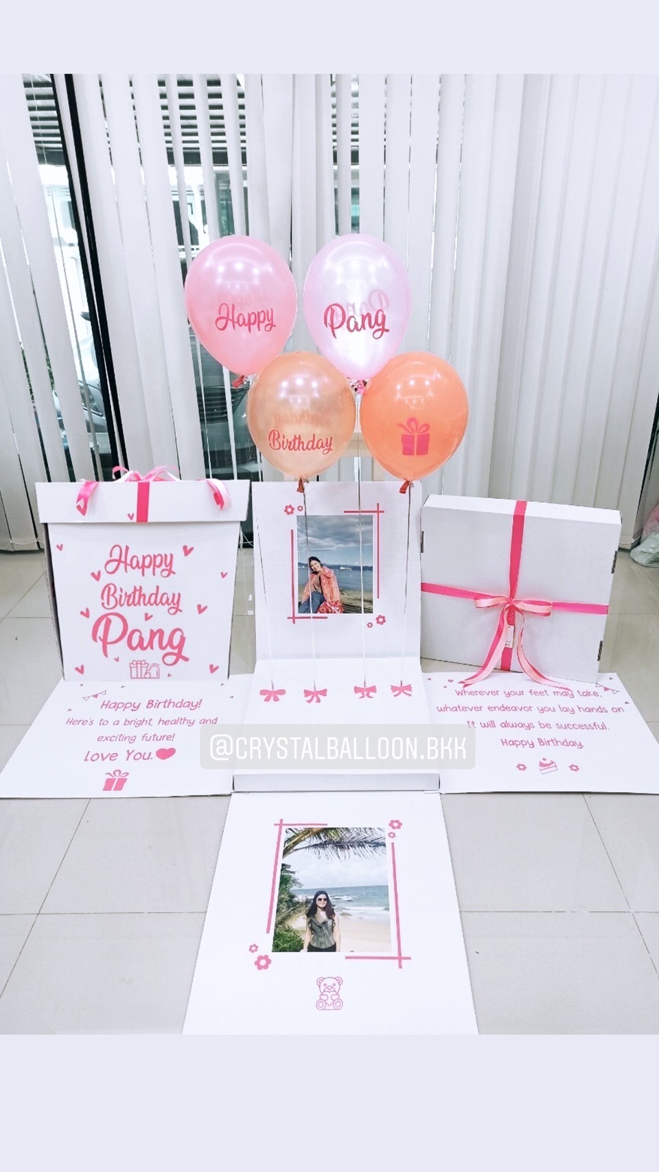 Happy Birthday Surprise Box Theme สีชมพู-ส้ม พร้อมตกแต่ง ลูกโป่ง 4 ลูก,สามารถใส่รูปได้ 2 ใบ สามารถเปลี่ยนสีลูกโป่ง/เปลี่ยนข้อความได้