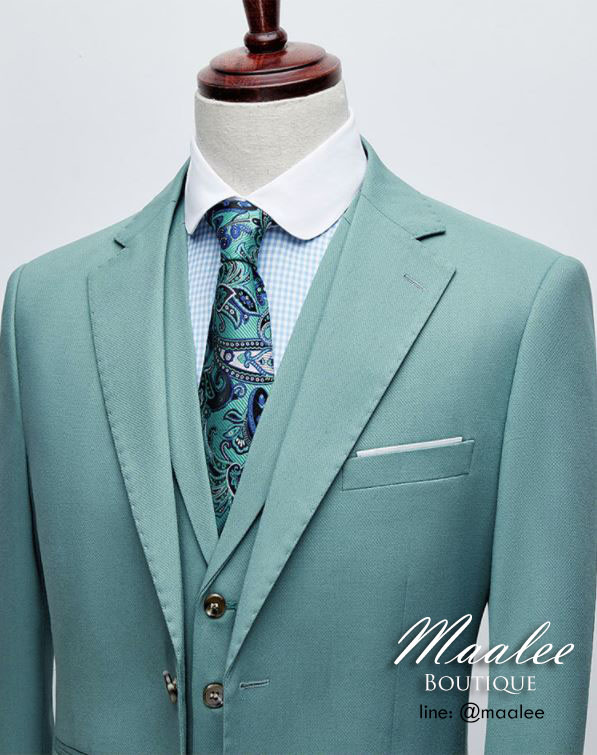 พร้อมเช่า เสื้อสูทชาย สีเขียวมิ้นต์เข้ม สีเขียวพาสเทล Dark Pastel Mint Green (พร้อมเสื้อกั๊ก)