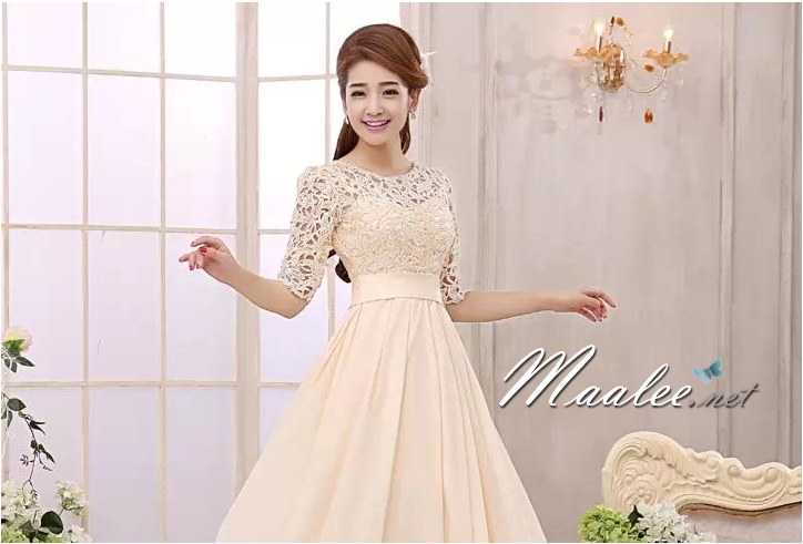 พร้อมเช่า ชุดราตรีสั้น สีครีม แขนสามส่วน ลูกไม้ฉลุ กระโปรงผ้าชีฟอง