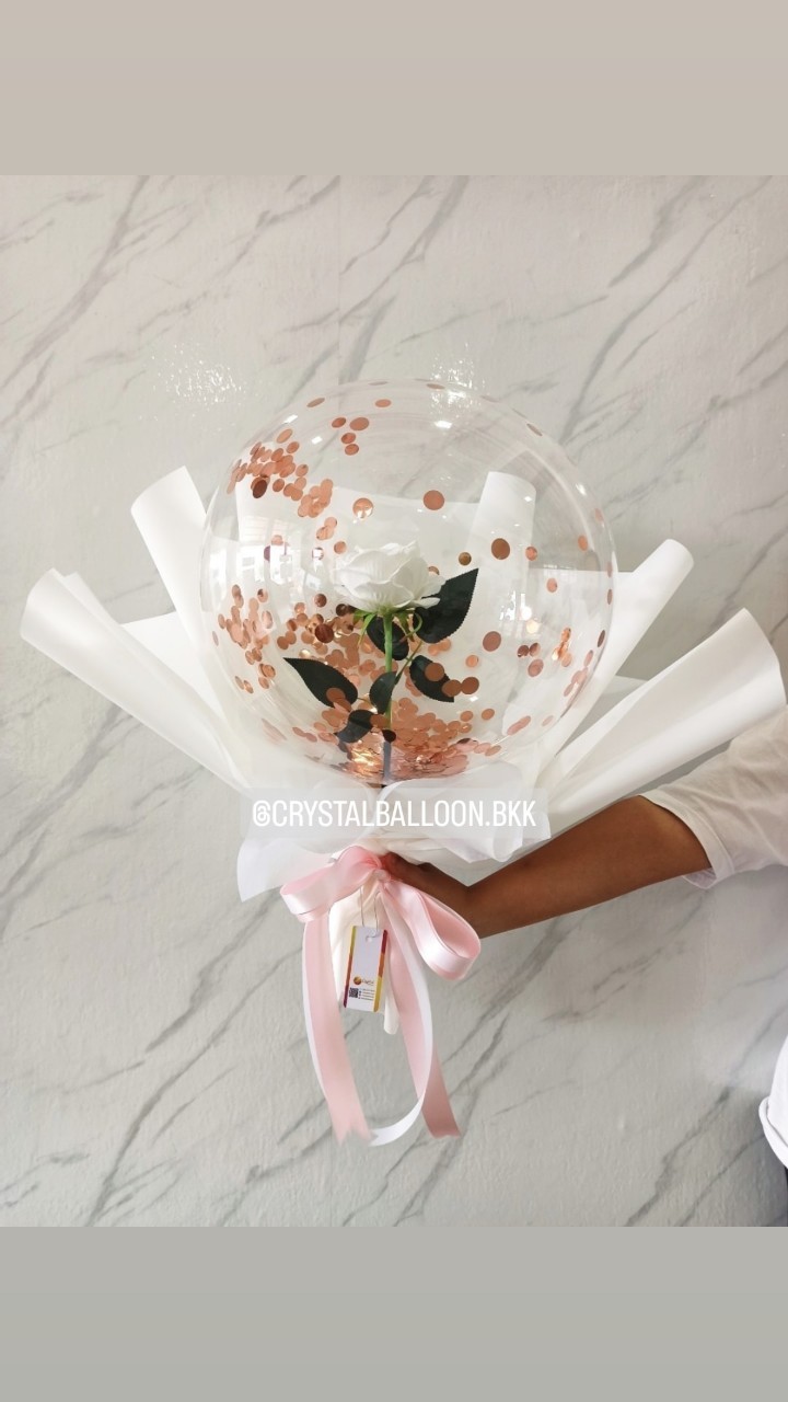 Flower Balloon แสดงความยินดี ดอกกุหลาบขาวประดิษฐ์ 1 ดอก Bubble ขนาด 18" สามารถใส่เงินได้ 30 ใบ พร้อมตกแต่ง สามารถเปลี่ยนข้อความ/เปลี่ยนสีได้