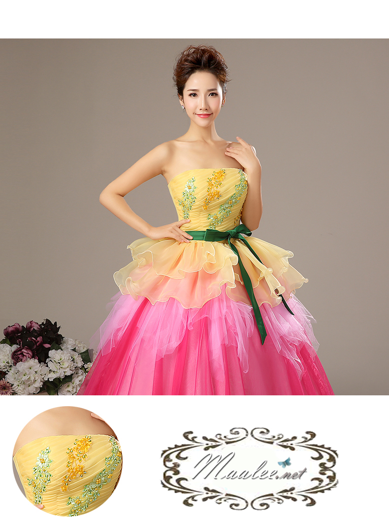 พร้อมเช่า ชุดแฟนซี ชุดราตรียาว แบบเกาะอก กรโปรงผ้าแก้ว สีเหลือง+ชมพู อกแต่งลูกปัดหรู โบว์คาดเอวสีเขียว