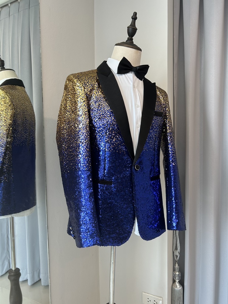 พร้อมเช่า เสื้อสูทชาย สูทแฟชั่น สูทกลิตเตอร์ ไล่สี สีทองน้ำเงิน (L)