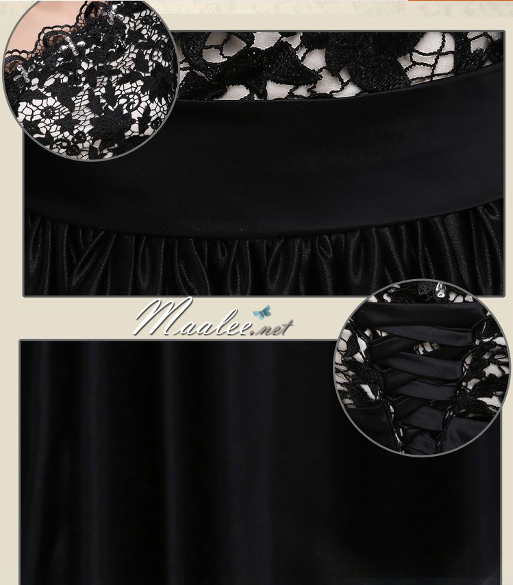 พร้อมเช่า ชุดราตรียาว ไหล่เดียว อกแต่งลูกไม้ ประดับคริสตัลหรู กระโปรงเนื้อนิ่มผ้ามัน สีดำ