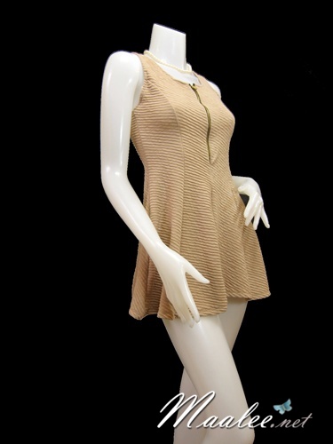 Sale ชุดเดรสสั้น แต่งซิปสีทอง Mini Skirt สีเนื้อ ผ้าลายทางเล็กๆ