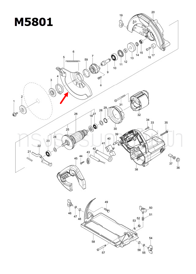 บังใบล่าง เลื่อยวงเดือน Maktec-Makita MT580, MT583, M5801, M5801B [#5] Pn.418150-1 (แท้) ## (*)