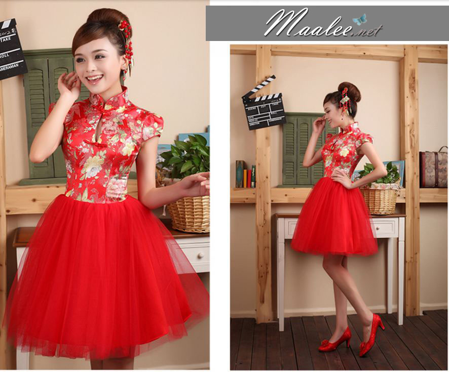 พร้อมเช่า ชุดแฟนซี ชุดราตรีสั้น ชุดตรุษจีน ชุดกี่เพ้า คอจีน กระโปรงตาข่ายพองสวย