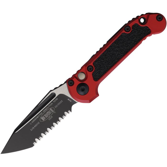 Microtech LUDT Gen 3 Tanto Black Full Serrated Blade, Red Handle Grip Inlay