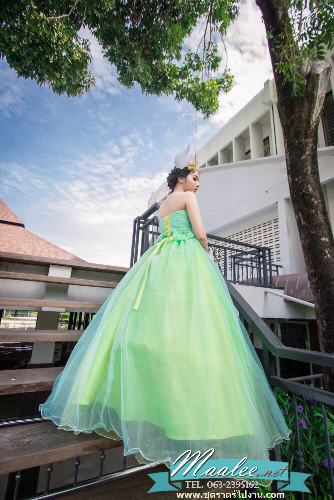 พร้อมเช่า ชุดแฟนซี เกาะอก สีเขียว อกจับจีบปักเลื่อม และดอก น่ารักมาก ใส่ถ่ายพรีเวดดิ้งได้