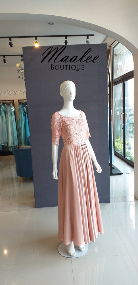 พร้อมเช่า ชุดเดรส ชุดแม่เจ้าสาว แขนยาวลูกไม้ สีโรสโกลด์