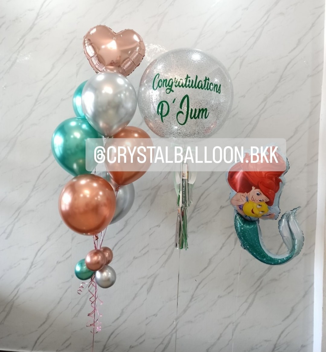 ลูกโป่ง รับปริญญา Bubble ขนาด 24" กลิตเตอร์สีเงิน พร้อม ช่อลูกโป่งฟอยล์หัวใจ ขนาด 18" ช่อ 7 ลูก 1 ช่อ พร้อมตกแต่ง ฟอยล์ Mermaid 1 ชิ้น สามารถเปลี่ยนสีลูกโป่ง/เปลียนข้อความ/เปลี่ยนขนาด/เปลี่ยนสี-ฟอยล์ตกแต่งได้
