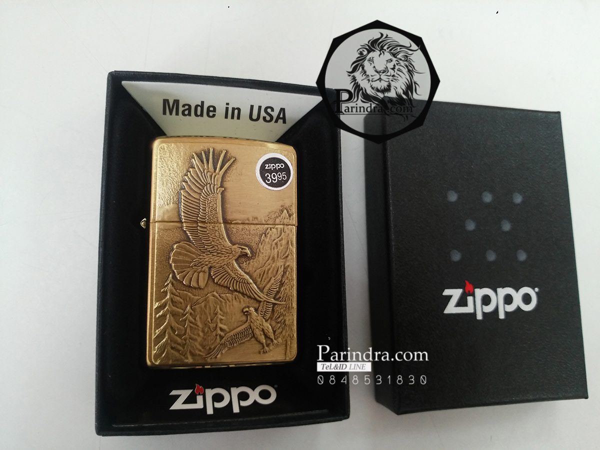 ไฟแช็ค Zippo แท้ "Zippo Where Eagles Dare Emblem Brushed Brass " # 20854 แท้นำเข้า 100%