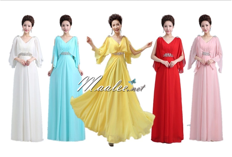 พร้อมเช่า ชุดราตรียาว สีเหลือง แบบเก๋ แขนย้วยผ่าข้างช่วยพรางต้นแขน แต่งเลื่อมช่วงเอว เข็มกลัดเพชรตรงไหล่