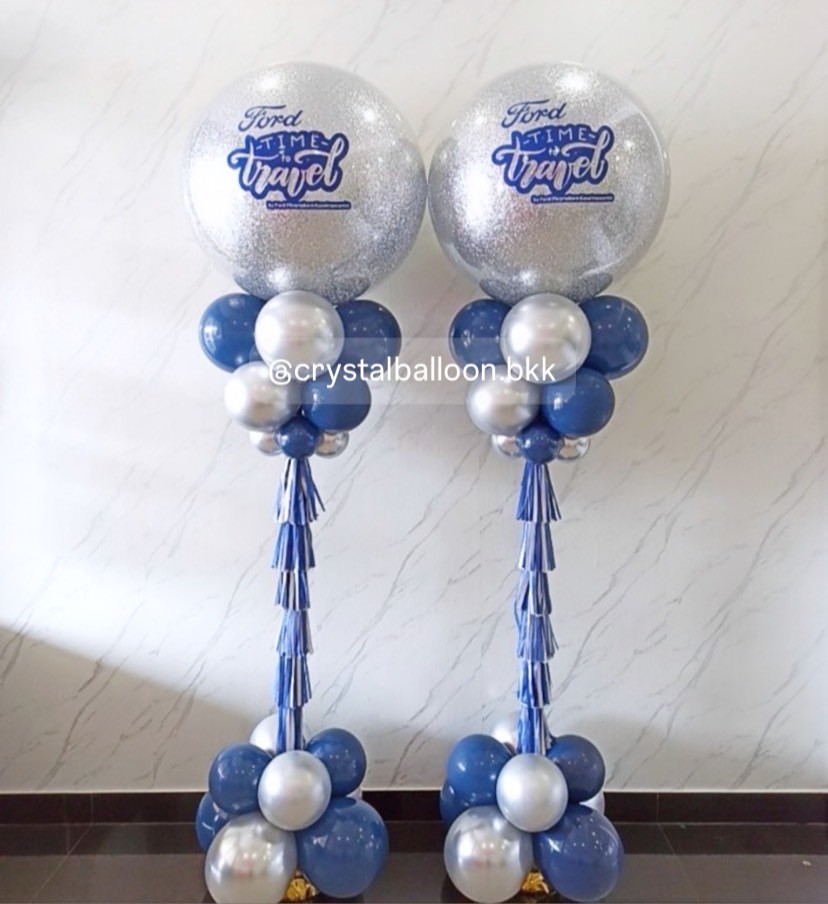 เสาลูกโป่ง เปิดงาน Bubble ขนาด 36" กลิตเตอร์สีเงิน 2 เสา พร้อมตกแต่ง สามารถเปลี่ยนสีลูกโป่ง/เปลี่ยนข้อความได้