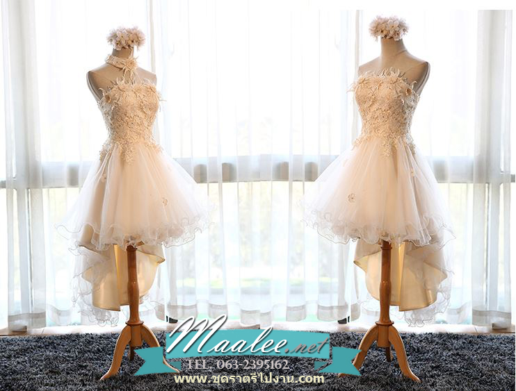 พร้อมเช่า ชุดราตรีสั้น เกาะอก ลูกไม้ หน้าสั้น/หลังยาว สีครีม พร้อมสร้อยคอลายลูกไม้ ถอดแยกได้ กระโปรงผ้ามุ้งพอง สวยหรู (เชือกผูกหลัง)