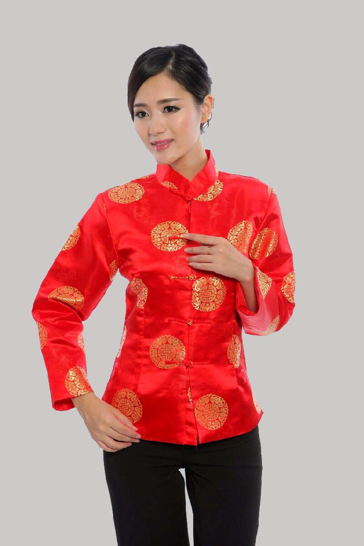 Pre-order เสื้อคอจีน ผู้หญิง ผ้าไหมจีน ทอลาย แขนยาว สีแดง