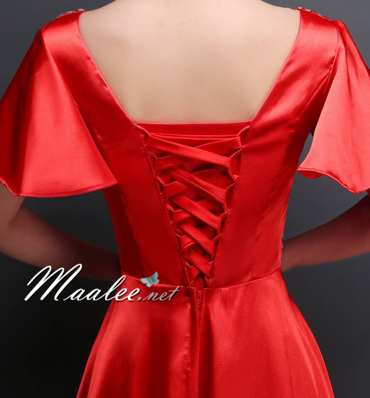 พร้อมเช่า สำหรับสาวไซส์ใหญ่ ชุดราตรียาว แบบแขนสั้น ผ้าซาตินสวยสง่า อกจับจีบปักเลื่อมช่วงอก-เอว สีฟ้า (เชือกผูกหลัง)