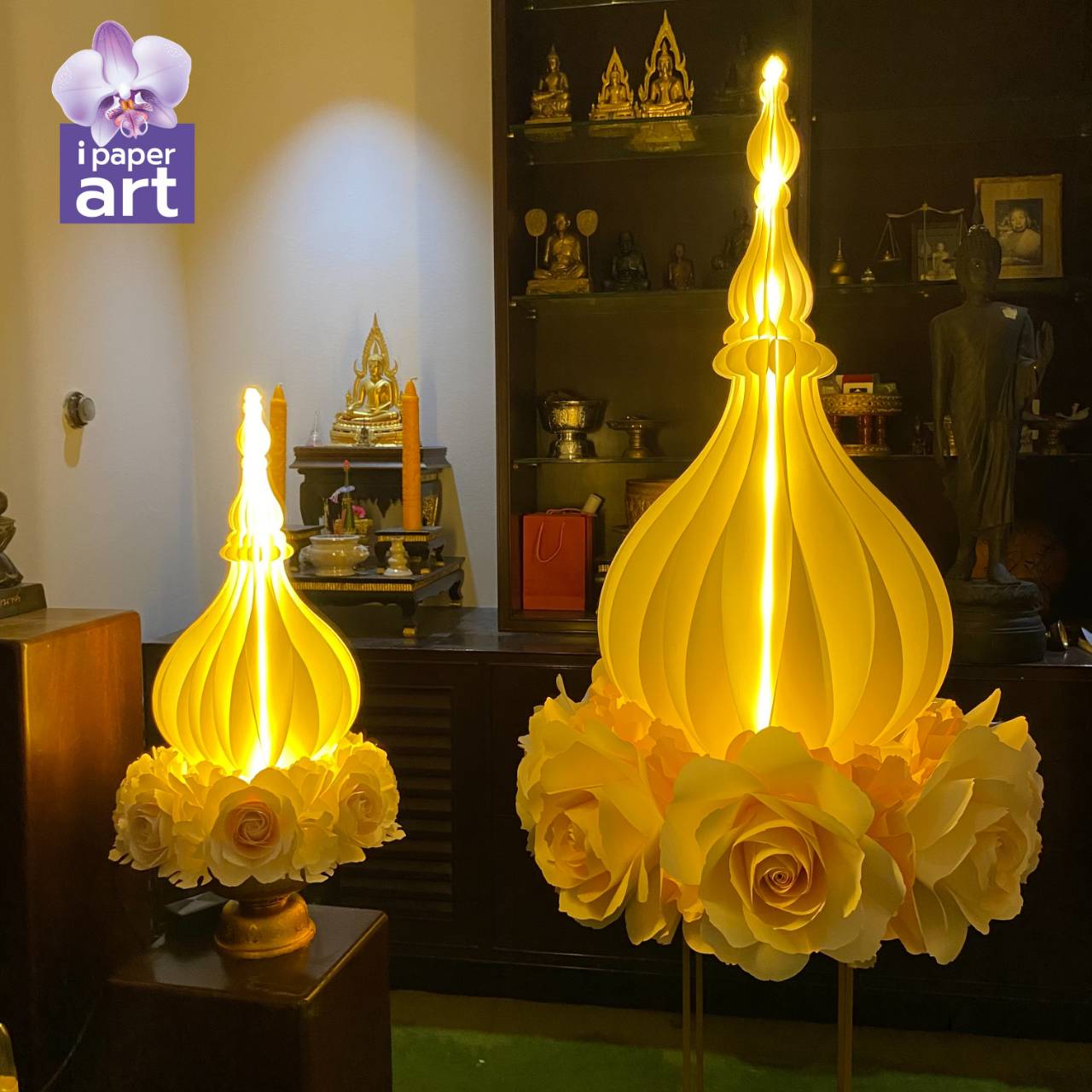 พานพุ่มเรืองแสงโคมไฟ เชิงเทียน LED แบบถ่านกระดุม งานไทยปราณีต | ประดับหิ้งบูชา พิธีการ