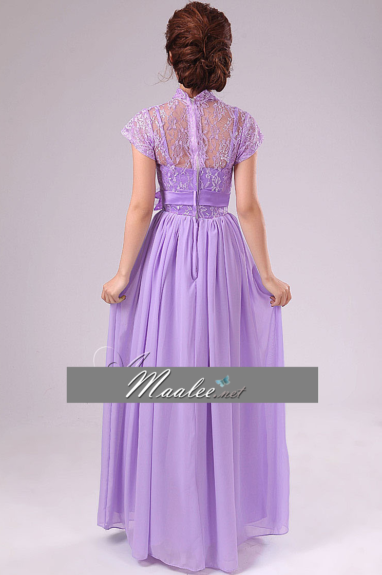 พร้อมส่ง ชุดราตรียาว ลูกไม้หวาน แขนสั้น แต่งเอวดอกไม้ กระโปรงผ้าชีฟอง สีแดง