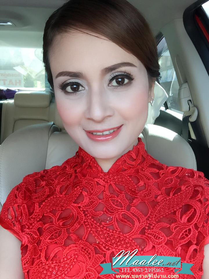 พร้อมส่ง ชุดราตรีสั้น สีแดง แขนสั้น คอจีน ลูกไม้ฉลุ กระโปรงผ้าชีฟอง