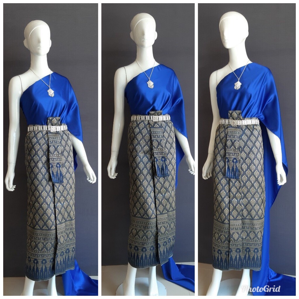 เช่า ชุดไทย ชุดเพื่อนเจ้าสาว ชุดไทยผ้าถุงกรมท่า สไบเรียบสีน้ำเงิน