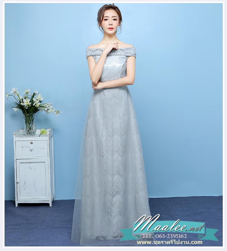 พร้อมเช่า ชุดราตรียาว สำหรับสาวไซส์ใหญ่ แบบปาดไหล่ สีเทา ลูกไม้หรูใส่ออกงานกลางคืน งานพรอม กระโปรงตาข่าย 2XL- 6XL (เชือกผูกหลัง)