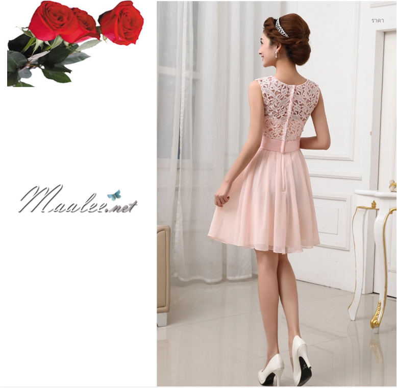 พร้อมส่ง ชุดราตรีสั้น สีชมพู แขนกุด ลูกไม้ฉลุ กระโปรงผ้าชีฟอง