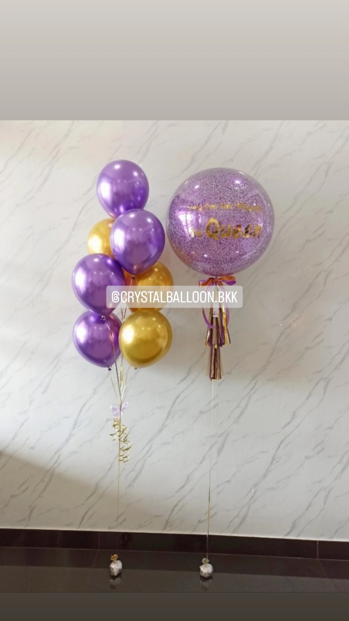 ลูกโป่ง วันเกิด Bubble ขนาด 24" กลิตเตอร์สีม่วง 1 ลูก พร้อม ช่อลูกโป่งสีโครเมี่ยม ช่อ 7 ลูก 1 ช่อ Theme สีม่วง-ทองเข้มโครเมี่ยม พร้อมตกแต่ง สามารถเปลี่ยนสีลูกโป่ง/เปลี่ยนข้อความ/เปลี่ยนขนาดได้