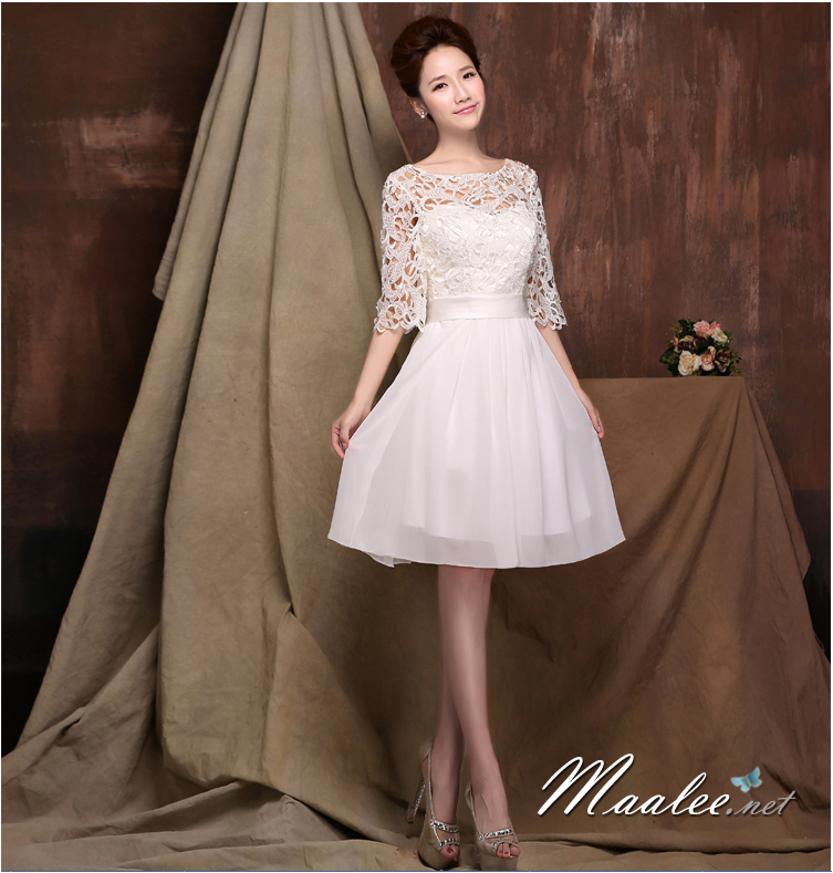 พร้อมเช่า ชุดราตรีสั้น สีครีม แขนสามส่วน ลูกไม้ฉลุ กระโปรงผ้าชีฟอง