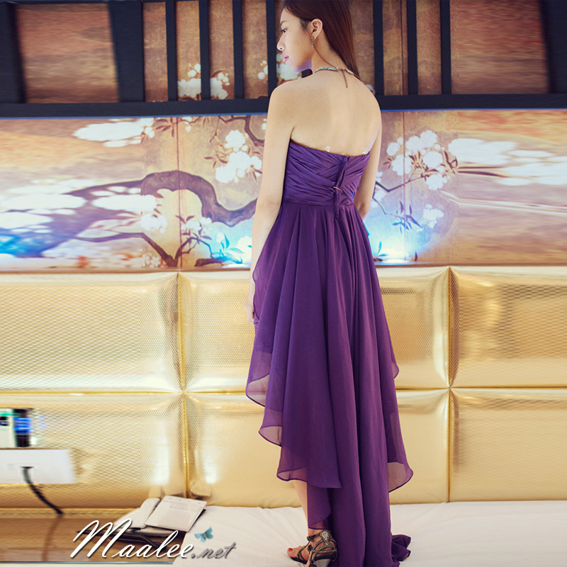 พร้อมส่ง ชุดราตรีสั้น&ชุดเดรสสั้น เกาะอกสีม่วง ผ้าชีฟองแต่งจีบกระโปรงแบบสานต่อกัน อกแต่งเลื่อมหรู ชายยาว (ปรับแก้ไซส์ได้)