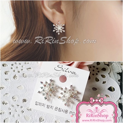 ต่างหูเกาหลีแท้ ผลึกหิมะ แต่งคริสตัล AB ก้านเงิน (Silver )