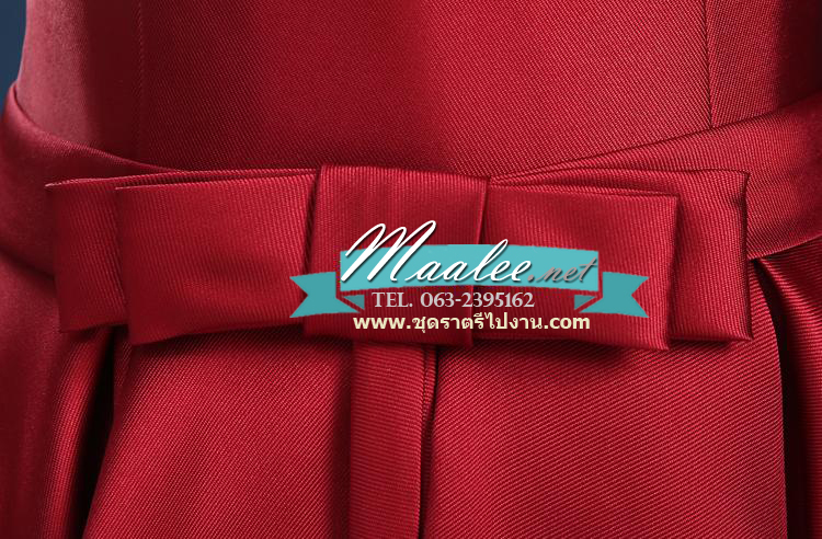 พร้อมเช่า ชุดราตรีสั้น แบบปาดไหล่ ผ้าไหมดัชเชส แต่งโบว์ช่วงเอว สีไวน์แดง (เชือกผูกหลัง)