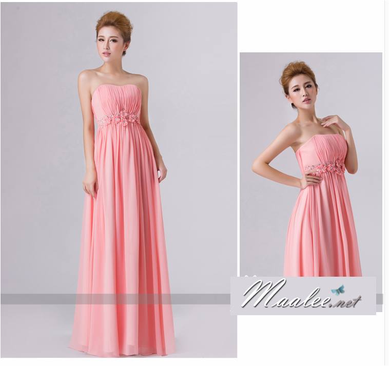 พร้อมส่ง ชุดราตรียาว เกาะอก สีโอรส แต่งดอกเก๋ๆ