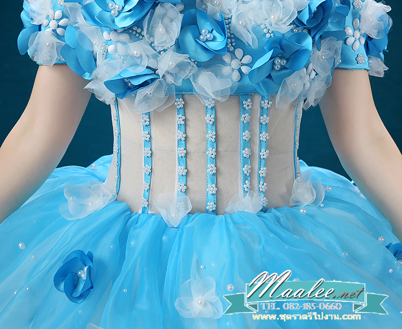 พร้อมเช่า ชุดแฟนซี ชุดราตรียาว สีฟ้า-ขาว แบบไหล่ปาด กระโปรงผ้าแก้วพองสวย แต่งดอก&ลูกปัด เชือกผูกหลัง