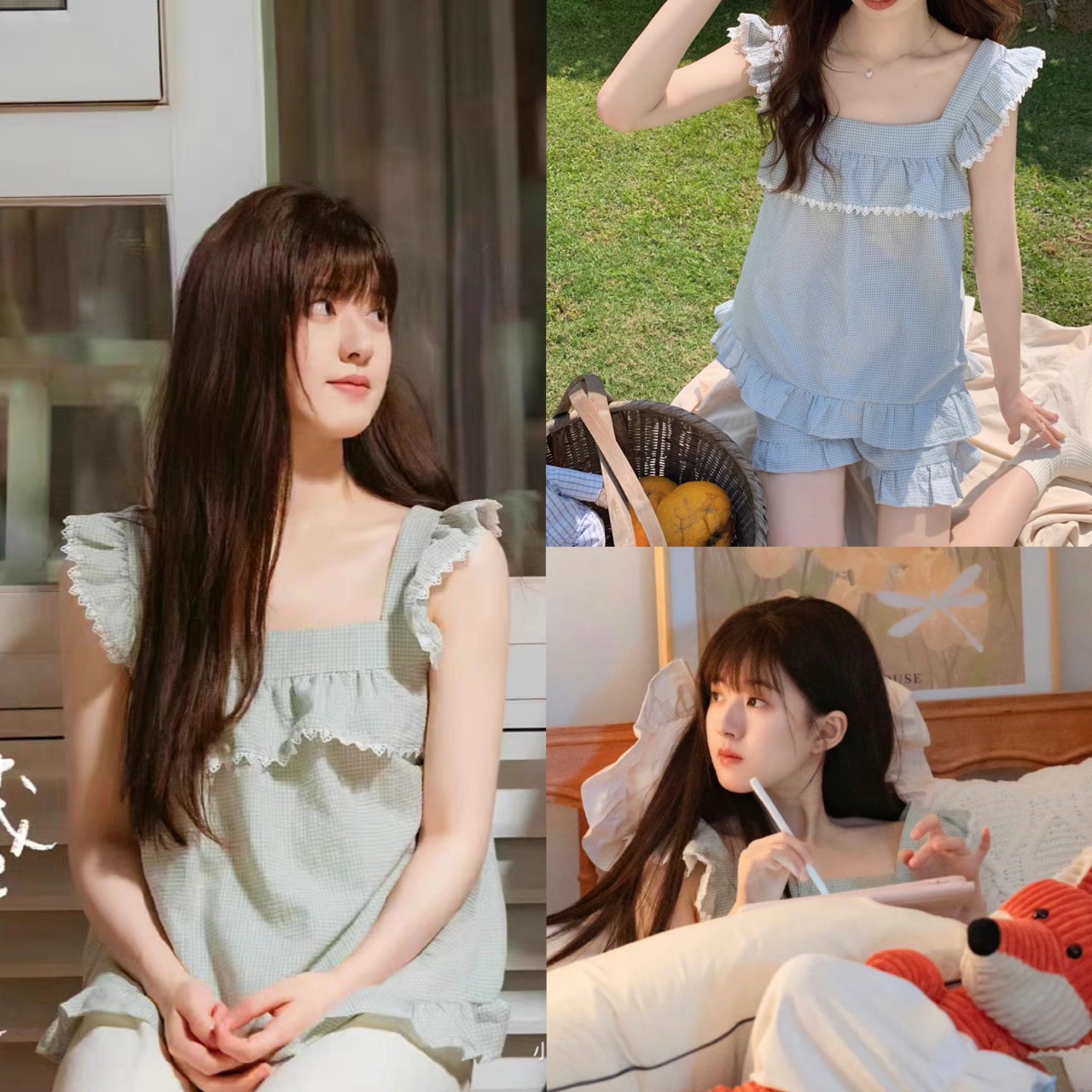 ชุดนอนสีฟ้าแต่งระบาย แบบ ซางจื้อ จากซีรี่ย์ แอบรักให้เธอรู้