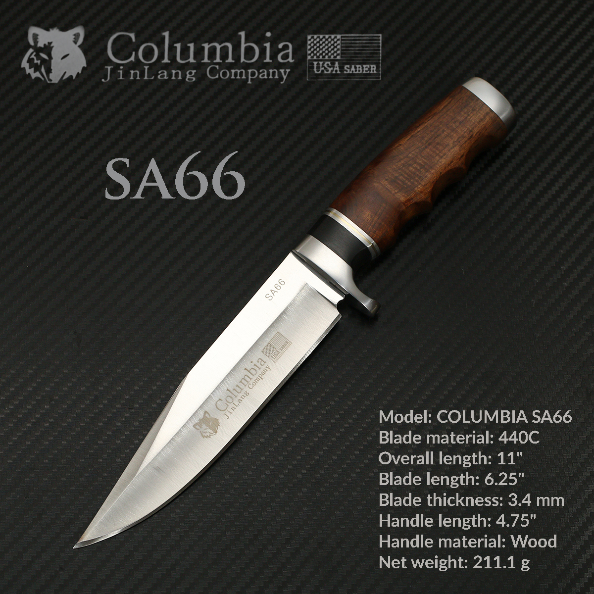 มีดเดินป่า COLUMBIA รุ่น SA66 ด้ามไม้แท้ เรียบๆ คมกริบ