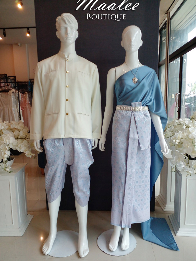 เช่า ชุดไทย ชุดเพื่อนเจ้าสาว ชุดไทยผ้าถุงสีชมพูฟ้าเงิน สไบเรียบสีเทาฟ้าเข้ม