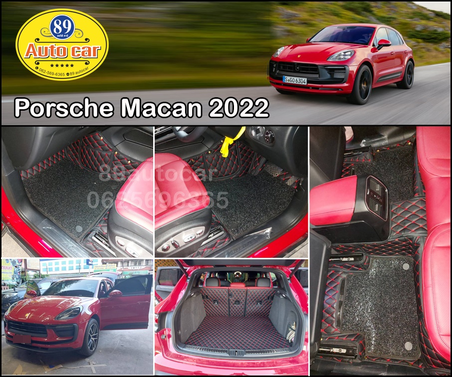 พรมรถยนต์ Porsche Macan 2022 สีดำด้ายแดง + พรมไวนิลดักฝุ่นสีดำ เข้ารูป